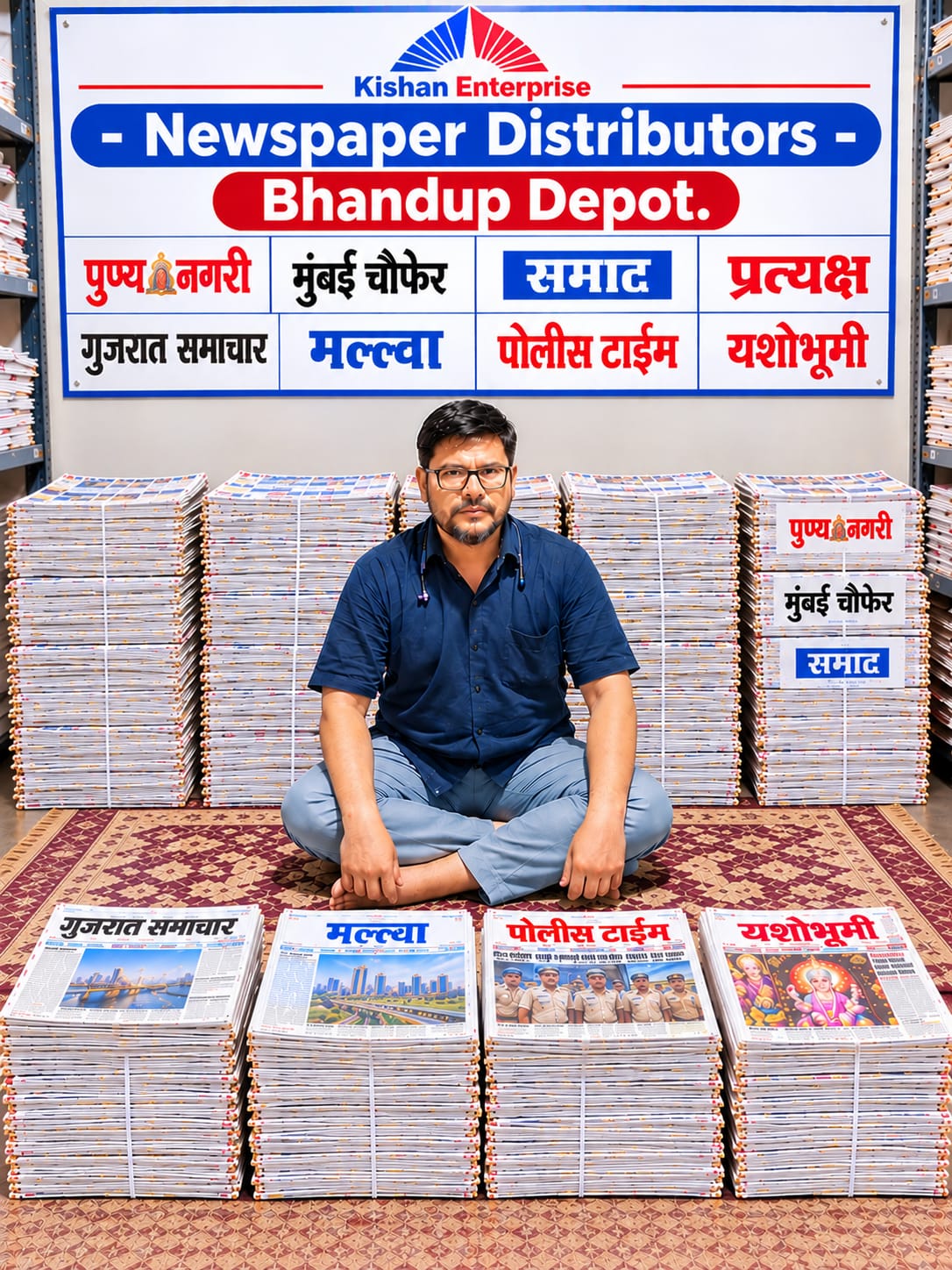 Kishan Enterprise newspaper distribution depot in Bhandup, with newspaper bundles and the business sign
